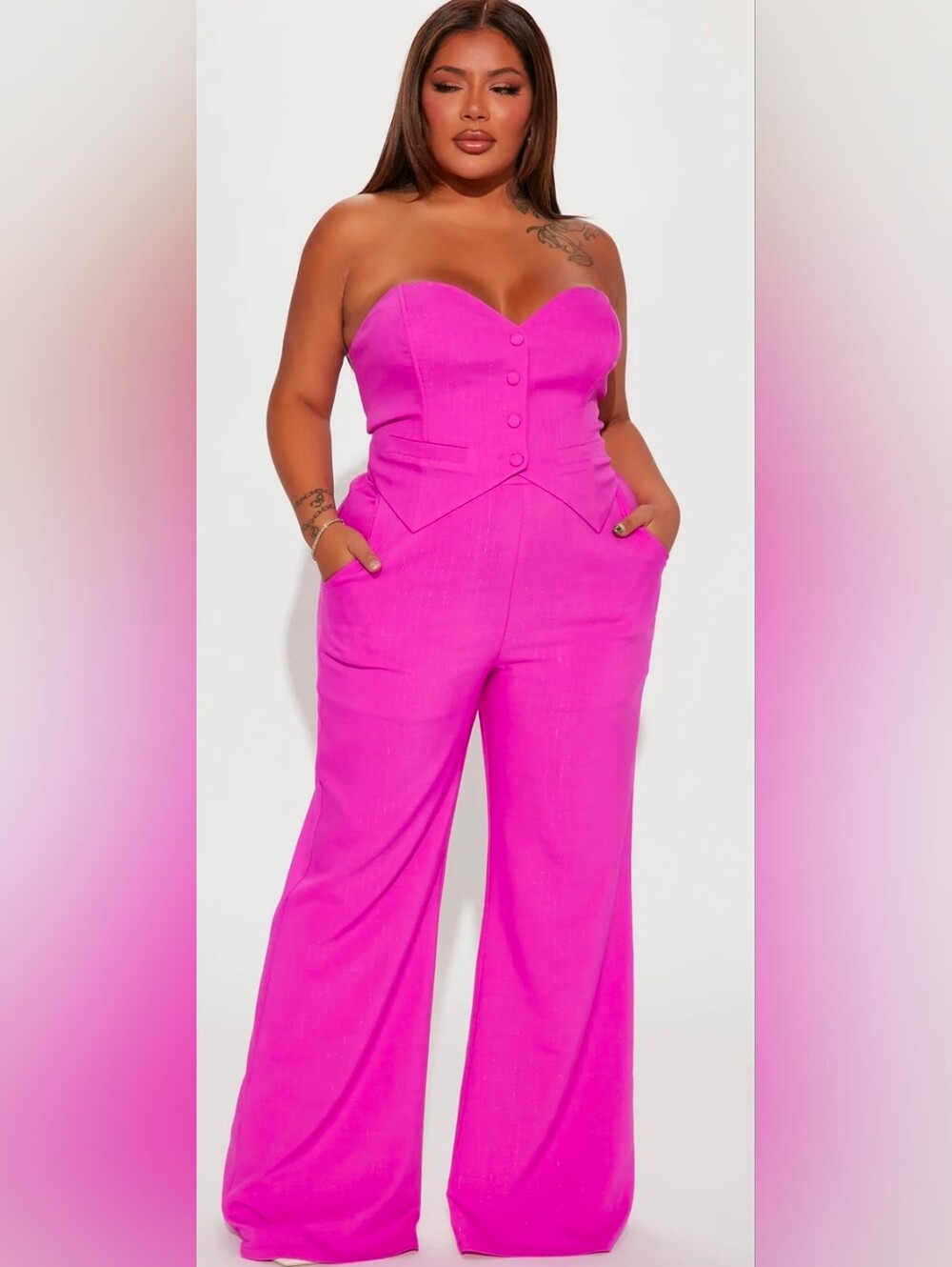 Fashion Nova Strapless Wide-Leg Jumpsuit in Hot Pink